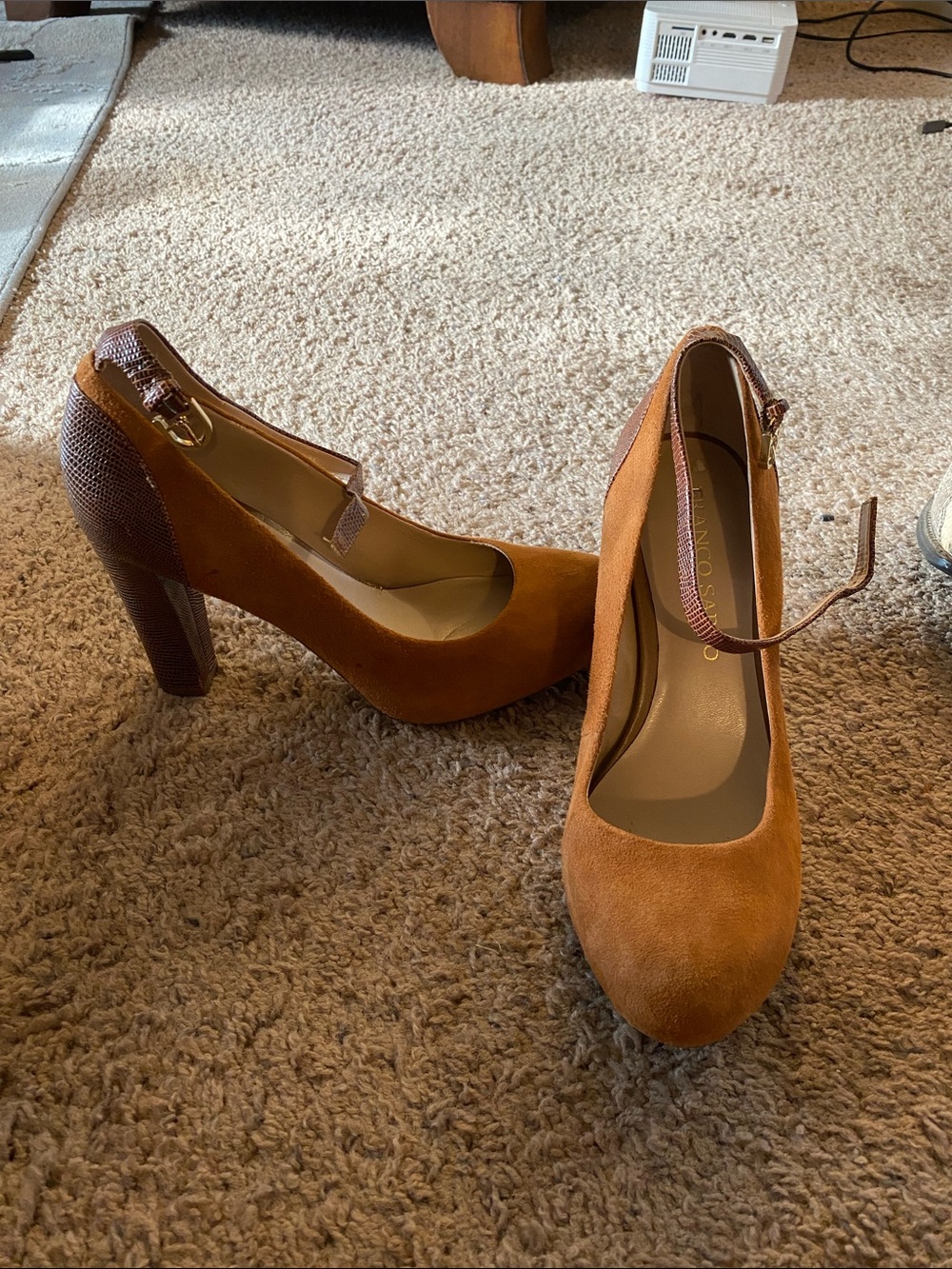 Franco Sarto Rust/Tan Suede Block Heels with Ankle Strap